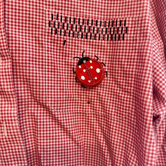 Women's Pink Checkered Button Down Shirt with Ladybug Accents XL - Picture 2 of 6